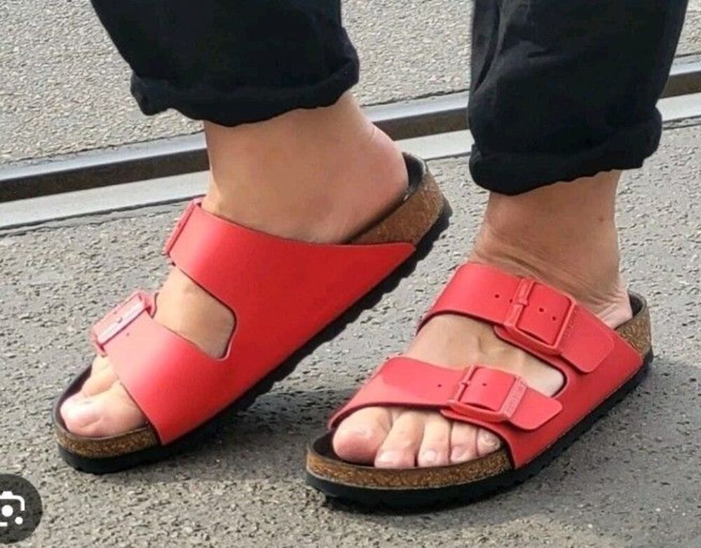 NWT Birkenstock Arizona Split Birko-Flor  Black Poppy Red Sandals Mens EU44 US11